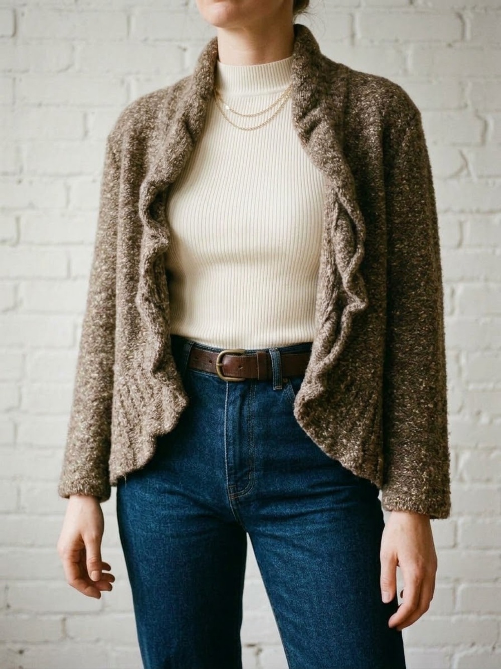 Ruby Rd Brown Ruffle Open Front Cardigan Sweater L Boho Textured Knit